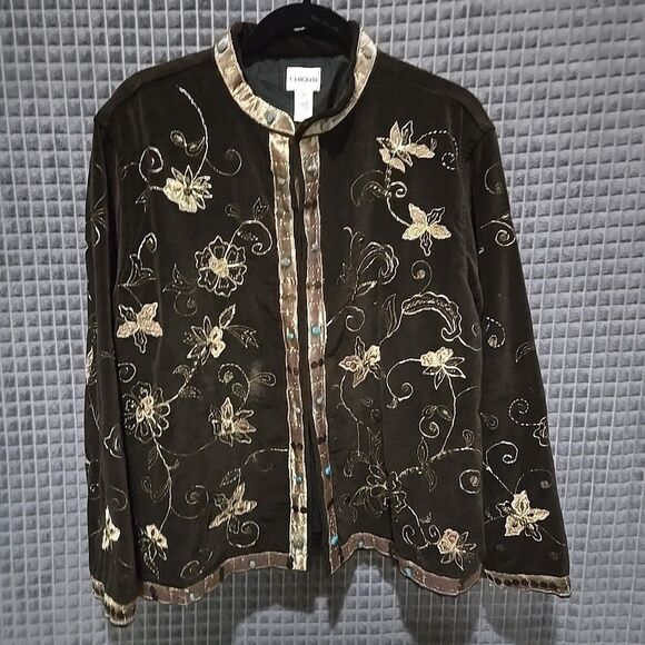 Brown Embroidered Floral Velvet Jacket SzXL Chicos 3 Gold Asian Beaded Boho Glam - Picture 1 of 16